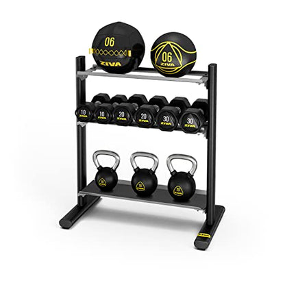 ZIVA Performance 3-Tier Storage Rack - Gym, Home Storage Rack – Steel Oval Tubing – Holds Dumbbells, Wall Balls, Med Balls, Kettlebells, Core Sandbags - Black (Dimensions: H: 118cm, W: 64cm, L: 82cm, Weight: 47kg)