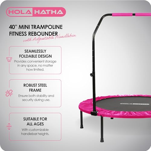 Foldable Mini Trampoline Home Gym Fitness Rebounder with 5 Level Adjustable Handle, Supportive 440 lb Capacity Workout Equipment, 40", Pink
