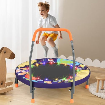 Goplus Foldable Toddler Trampoline for Kids, 36'' Recreational Mini Trampoline w/20 LED Lights, Foam Handle, Padded Safety Cover, Indoor Outdoor Exercise Rebounder for Boys Girls Aged 3-6 - style: Purple-Outer Space