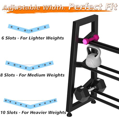 3 Tier Weight Rack for Home Gym Dumbbells, Universal Dumbbell Rack with Adjustable Width Rails, Heavy Duty Angled Storage Stand for Kettlebells & Hand Weights (Rack Only)