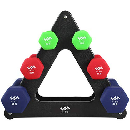 JFIT Dumbbell Pairs or Sets – Neoprene & Vinyl Coated Hand Weights for Home Gym, Strength Training, Aerobics, Cardio Exercise and Fitness - size: 20 lbs (Pair), style: Dumbbell Set with Rack