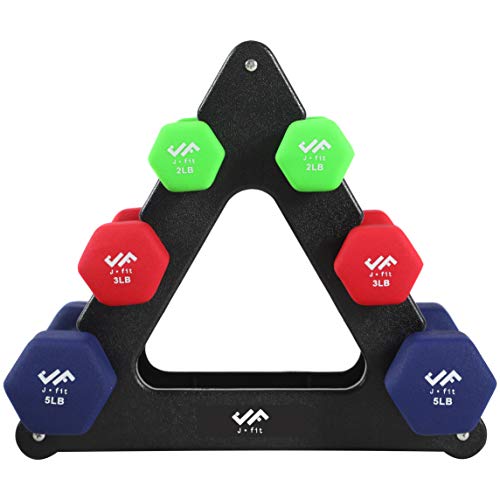 JFIT Dumbbell Pairs or Sets – Neoprene & Vinyl Coated Hand Weights for Home Gym, Strength Training, Aerobics, Cardio Exercise and Fitness - size: 20 lbs (Pair), style: Dumbbell Set with Rack