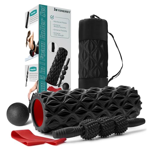 JOYENERGY 5 in 1 Foam Roller Set Trigger Point Foam Roller, Massage Roller Stick, Massage Ball, Stretching Strap for Deep Muscle Massage Pilates Yoga, Fitness Exercise for Whole Body (Black Diamond) - color: Black Diamond