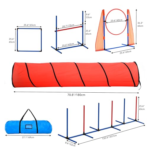 YITAHOME Dog Agility Training Equipment Set with Flexible Tunnel, Hurdle, Jump Ring, 6 Weave Poles, Pause Platform, Teaser Pole and Carry Bags for Indoors Outdoors, Orange/Blue
