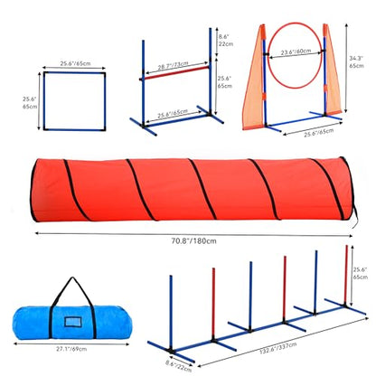 YITAHOME Dog Agility Training Equipment Set with Flexible Tunnel, Hurdle, Jump Ring, 6 Weave Poles, Pause Platform, Teaser Pole and Carry Bags for Indoors Outdoors, Orange/Blue