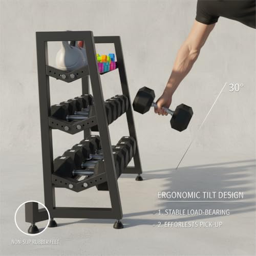 3 Tier Weight Rack for Home Gym Dumbbells, Universal Dumbbell Rack with Adjustable Width Rails, Heavy Duty Angled Storage Stand for Kettlebells & Hand Weights (Rack Only)