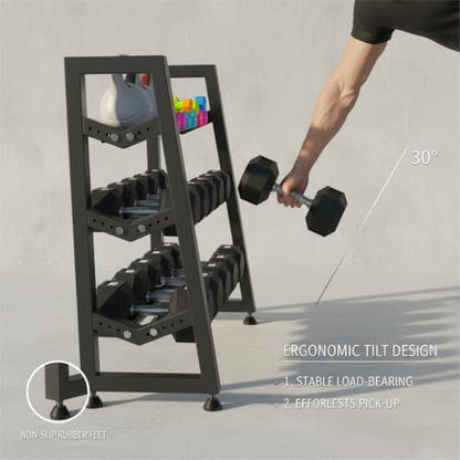 3 Tier Weight Rack for Home Gym Dumbbells, Universal Dumbbell Rack with Adjustable Width Rails, Heavy Duty Angled Storage Stand for Kettlebells & Hand Weights (Rack Only)