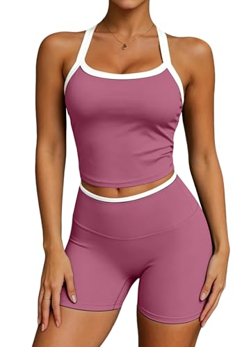 Womens Workout Set 2 Piece Gym Outfit High Waisted Tummy Control Shorts Halter Padded Sports Bra Tank Athletic Yoga Wear