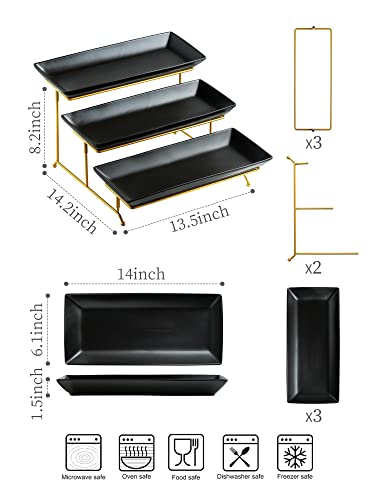 LYEOBOH 3 Tier Serving Tray, Porcelain Tiered Serving Stand with Platters - color: Black, style: 14inch Rectangle platter