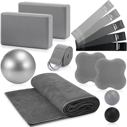 14 Pcs Yoga Kits for Home Workouts Pilates Equipment Set for Women Beginners, Hot Yoga Towel Blocks Strap, Knee Pad, Resistance Loop Exercise Band, Massage Lacrosse Ball, Pilates Ball