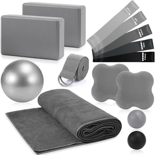 14 Pcs Yoga Kits for Home Workouts Pilates Equipment Set for Women Beginners, Hot Yoga Towel Blocks Strap, Knee Pad, Resistance Loop Exercise Band, Massage Lacrosse Ball, Pilates Ball