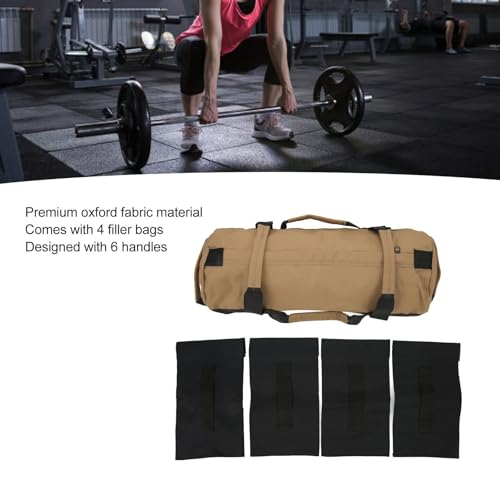 Multi-Purpose Fitness Sandbag with Filler Bags and 6 Handles, Oxford Fabric Training Weight Bag, for Indoor Gym - color: Khaki