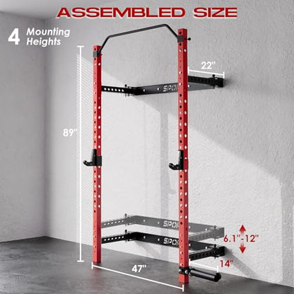 Garvee Folding Squat Rack for Home Gym, 2.36 in x 2.36 in Wall Mounted Foldable Squat Rack with Pull Up Bar, J Hooks and Landmine Attachments, 1000 LBS Capacity Space Saving Weight Power Cage
