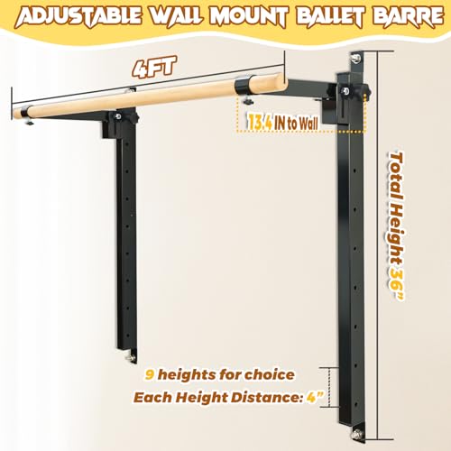 Ballet Barre Wall Mount, 4ft/5ft, Adjustable Height for Home，Solid Beech Wood Bar,Steel Brackets,Foldable Design,Stretch & Workout Equipment,for Adults Kids Studio Gym