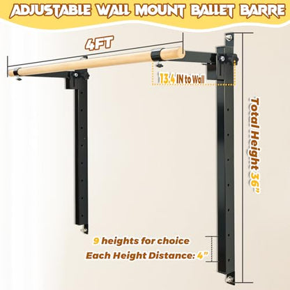 Ballet Barre Wall Mount, 4ft/5ft, Adjustable Height for Home，Solid Beech Wood Bar,Steel Brackets,Foldable Design,Stretch & Workout Equipment,for Adults Kids Studio Gym