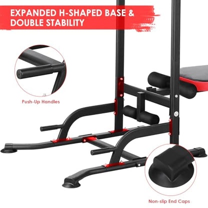 Power Tower with Bench, Pull Up Bar Stand, Dip Bar w/Folding Bench 4 Ropes Strength Training, Multi-Function Fitness Equipment for Home Gym, Adjustable Heights and Angles Dip Station, 400LBS