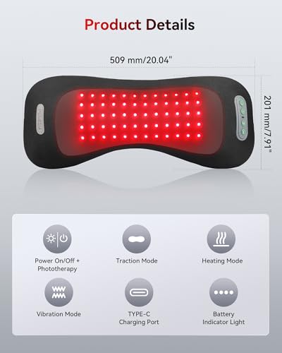 4-in-1 Lumbar Support Pillow with Red Light 650nm 850nm, Lumbar Massager Cordless Rechargeable 5000mAh, Lower Back Massager with Vibration, Airbag Traction & Heating for Back Waist Comfort, Black