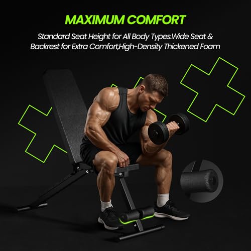 Adjustable Weight Bench for Home Gym, Foldable Workout Bench for Full Body Fitness Dumbbell Exercise, 600LBS Incline Decline Flat Bench with Resistance Bands for Strength Training