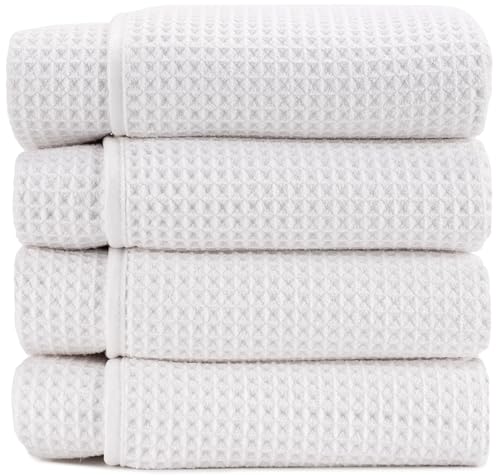 S&T INC. Aura Microfiber Waffle Bath Towels, 4 Pack, Quick-Dry, Ultra Absorbent, Lightweight Towels for Bathroom, 30 inches x 60 inches, 420GSM, White