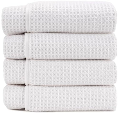S&T INC. Aura Microfiber Waffle Bath Towels, 4 Pack, Quick-Dry, Ultra Absorbent, Lightweight Towels for Bathroom, 30 inches x 60 inches, 420GSM, White