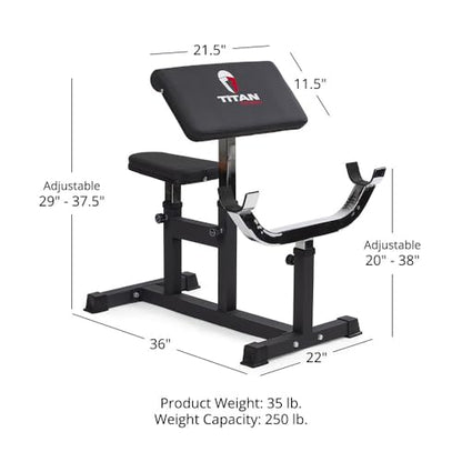 Titan Fitness Adjustable Preacher Curl Weight Station, 250 LB Capacity, Adjustable Bench Seat, Adjustable Arm Rest, Durable Bar Catches, Seated Home Gym Barbell and Dumbbell Biceps Station