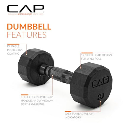 CAP Rubber Coated Dumbbell Weights, Free Weights for Home Gym Strength Training, Anti-Roll Hex Dumbbells with Black, Chrome & Comfort Grip Handles, Pairs & Sets - size: 5 lb - Pair, style: 12-Sided - Black Handle