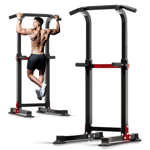 ZENOVA Pull Up Bar Dip Bar Squat Rack Workout Dip Station Height Adjustable Free Standing Chin Up Bar - color: Black&Red