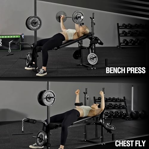 Mikolo 8 in 1 Olympic Weight Bench Set with Leg Extension and Leg Curl, Multi-Function Bench Press Set with Preacher Curl Pad and Chest Fly, Full-Body Strength Training Equipment - color: Black with Barbell
