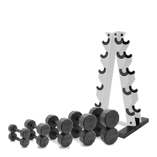 CAP Barbell 150 LB Coated Hex Dumbbell Weight Set with Vertical Rack | Multiple Options - color: White Rack, style: 12-Sided Black Handle