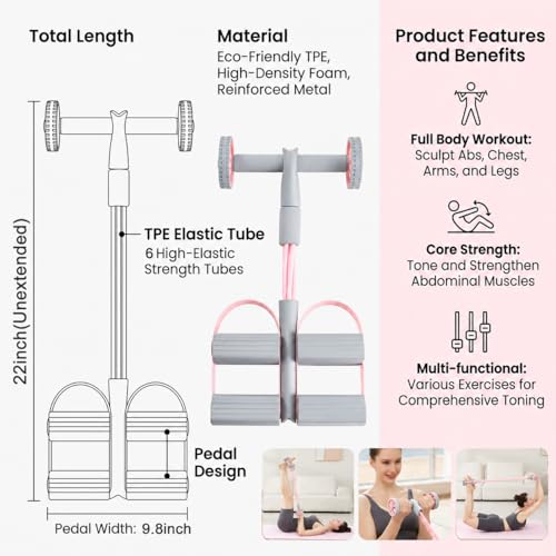 6-Tube Pedal Resistance Bands with Handles & Ab Roller, 2-in-1 Foot Pedal Puller, Home Gym Workout Equipment for Core Training, Full Body Exercise for Arm, Leg, Waist, Back