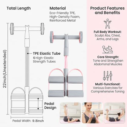 6-Tube Pedal Resistance Bands with Handles & Ab Roller, 2-in-1 Foot Pedal Puller, Home Gym Workout Equipment for Core Training, Full Body Exercise for Arm, Leg, Waist, Back
