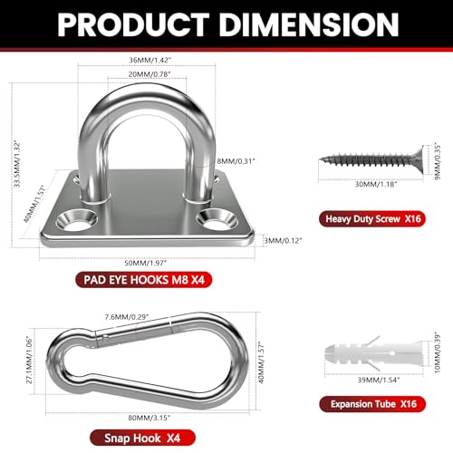 sprookber 304 Stainless Steel Pad Eye Snap Hook,M8 Ceiling Hook 1200Lb,8Pcs - size: 3.15 inch, style: Square