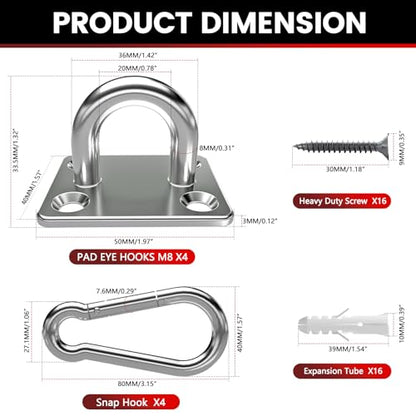 sprookber 304 Stainless Steel Pad Eye Snap Hook,M8 Ceiling Hook 1200Lb,8Pcs - size: 3.15 inch, style: Square