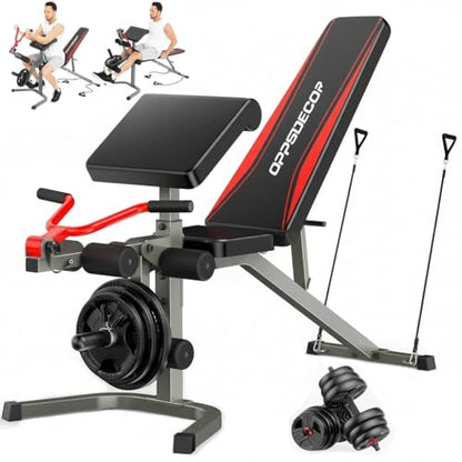 OPPSDECOR Professional 900LBS Weight Bench with Leg Extension & Leg Curl & Preacher Curl, Heavy-Duty 7+3 Adjustable Positions (Back & Preacher) Incline Decline Flat Workout Bench for Home Gym Fitness