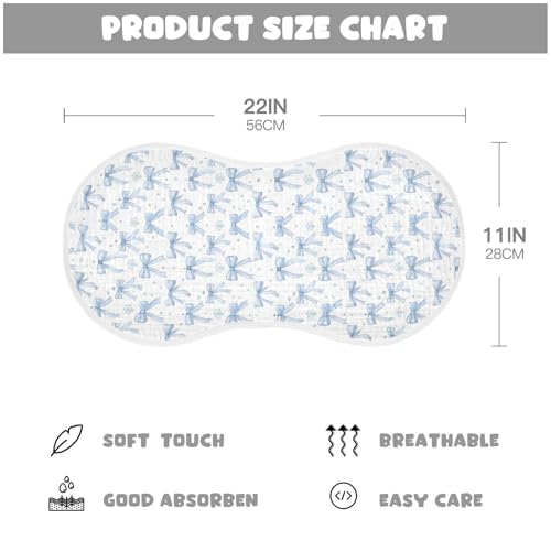 Light Blue Bows Muslin Burp Cloths 1 Pack - Extra Large 22"x11", 4-Layer Soft Absorbent Cotton, Waterproof Backing, Baby Drool Rags for Newborn