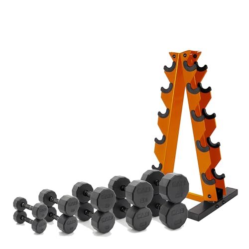CAP Barbell 150 LB Coated Hex Dumbbell Weight Set with Vertical Rack | Multiple Options - color: Orange Rack, style: 12-Sided Black Handle