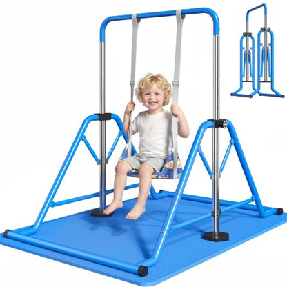 Expandable Gymnastics Bars 45''-61'' with Side Support Bars for Kids - color: Blue with swing and mat