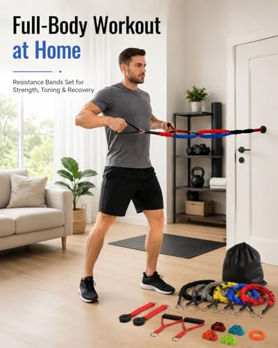 Resistance Bands Set with Protective Nylon Sleeves, 15-Pack Anti-Snap Exercise Bands (Up to 150 lbs), Heavy Duty Workout Bands with Handles, Door Anchor, Ankle Straps for Resistance Training