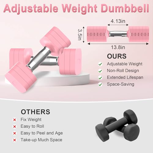 Hezeyferg 30.8LB Adjustable Dumbbell Set, Each Adjustable Weight Dumbbell with 6 Levels 4.4/6.6/8.8/11/13.2/15.4lb, Hand Weights Set for Men/Women Home Gym Exercise Workout - color: Pink