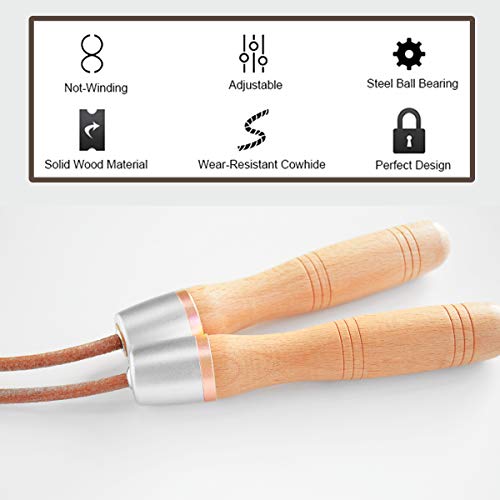 Leather Jump Rope, Adjustable Skipping Jumping Ropes, with Rotary Bearing and Pure Wood Handles, for Gym & Home Fitness Workouts