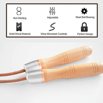 Leather Jump Rope, Adjustable Skipping Jumping Ropes, with Rotary Bearing and Pure Wood Handles, for Gym & Home Fitness Workouts