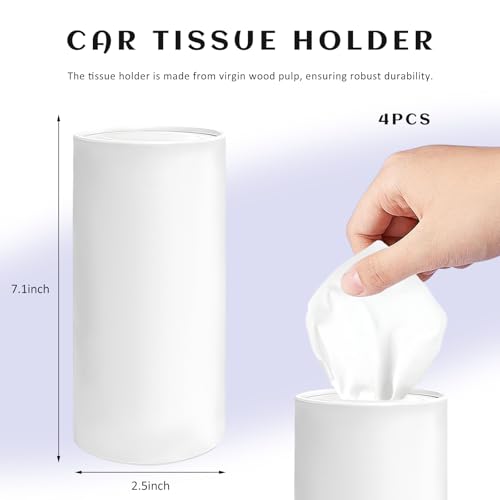 4PCS Car Tissue Holder, Round Tube Car Tissues Box Stylish Cup Holder Decor with Facial Tissues, Portable Cylinder Refillable Paper Napkin Container for Vehicle Home Office (White)