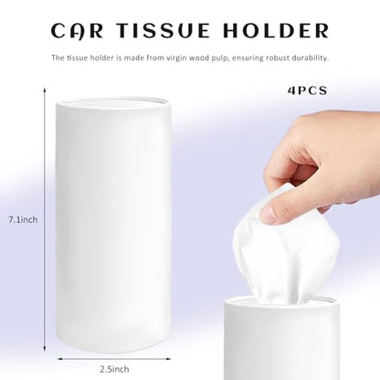 4PCS Car Tissue Holder, Round Tube Car Tissues Box Stylish Cup Holder Decor with Facial Tissues, Portable Cylinder Refillable Paper Napkin Container for Vehicle Home Office (White)