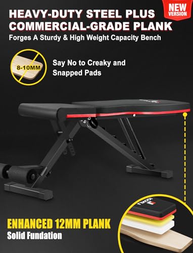 LINODI Adjustable Weight Bench for Home Gym，Foldable Incline Decline Flat Workout Bench for Full Body Strength Training, Dumbbell Press & Ab Exercises - color: Black/Red