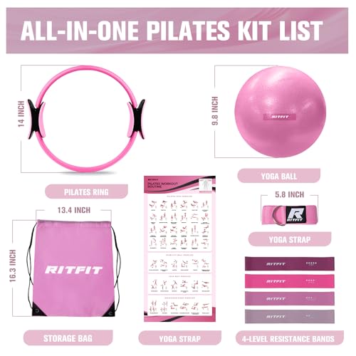 RitFit Pilates Ring Circle - 14 Inch Magic Fitness Circle for Toning Inner & Outer Thighs, Bonus Workout Guide Included (Pink Kit)