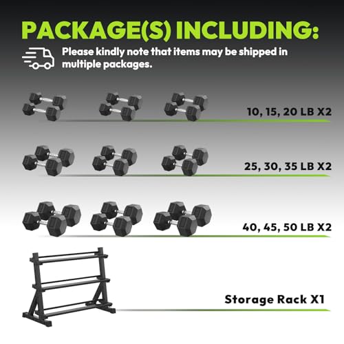 HANDBODE Hex Dumbbell Set with Rack, 300-840 lb Rubber Coated Fixed Weights Sets with Heavy Duty Storage Stand, Hexagon Shape, Multiple Weight Options Home Gym Equipment for Strength Training - style: 540 lb Set (10-50 lb) with Rack