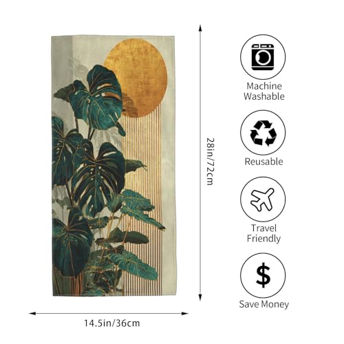 Boho Green Leaf Hand Towels Set of 2, Mid Century Modern Abstract Botanical Decorative Towels, Soft Lightweight Microfiber Absorbent Quick Dry Fingertip Towels for Bathroom Kitchen Spa Gym Home Decor