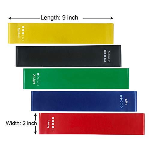 9 inch Resistance Loops with Carry Bay and Instruction Guide, Set of 5 Exercise Bands Heavy Duty for Working Out, Home Fitness