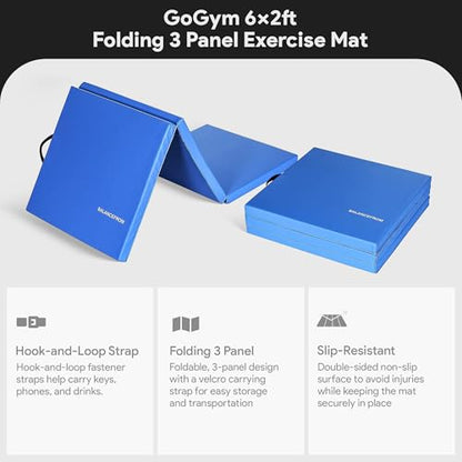 BalanceFrom 2-Pack 6x2 Feet 3-Panel Folding Gymnastics Mat, Blue – 2-Inch Thick Pad with Vinyl Surface and Carrying Handles for Tumbling, Yoga, Pilates, Home Workouts, and Martial Arts