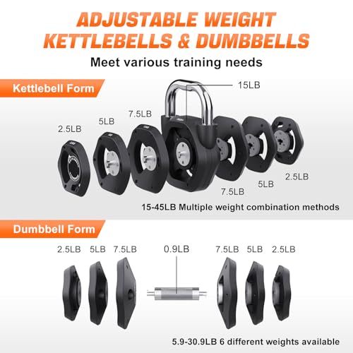 2-in-1 Adjustable Kettlebell, 15-45LB Kettlebells Weight Set for Strength Training, 5.9-30.9LB Adjustable Weights Dumbbell for Home Gym Full Body Workout